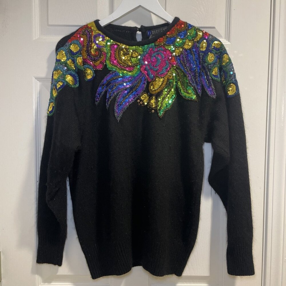 IB Diffusion Vintage Beaded Sequin Silk Angora Wool Black Fuzzy Sweater LARGE